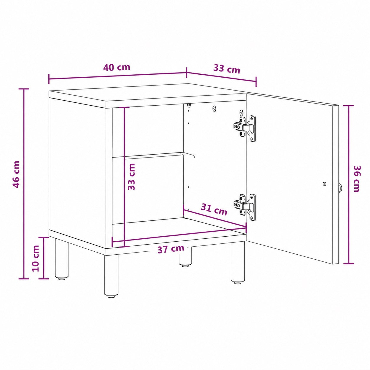 Dimensions de la table de chevet en bois design avec espace de rangement intérieur et porte battante.