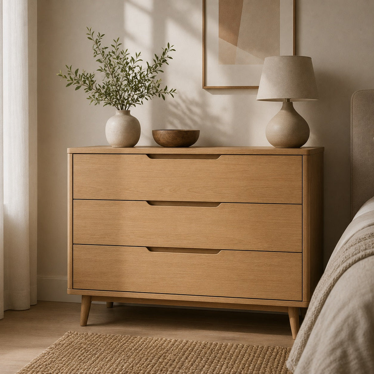Commode 3 tiroirs en bois clair au design scandinave, idéale pour une chambre moderne et chaleureuse.
