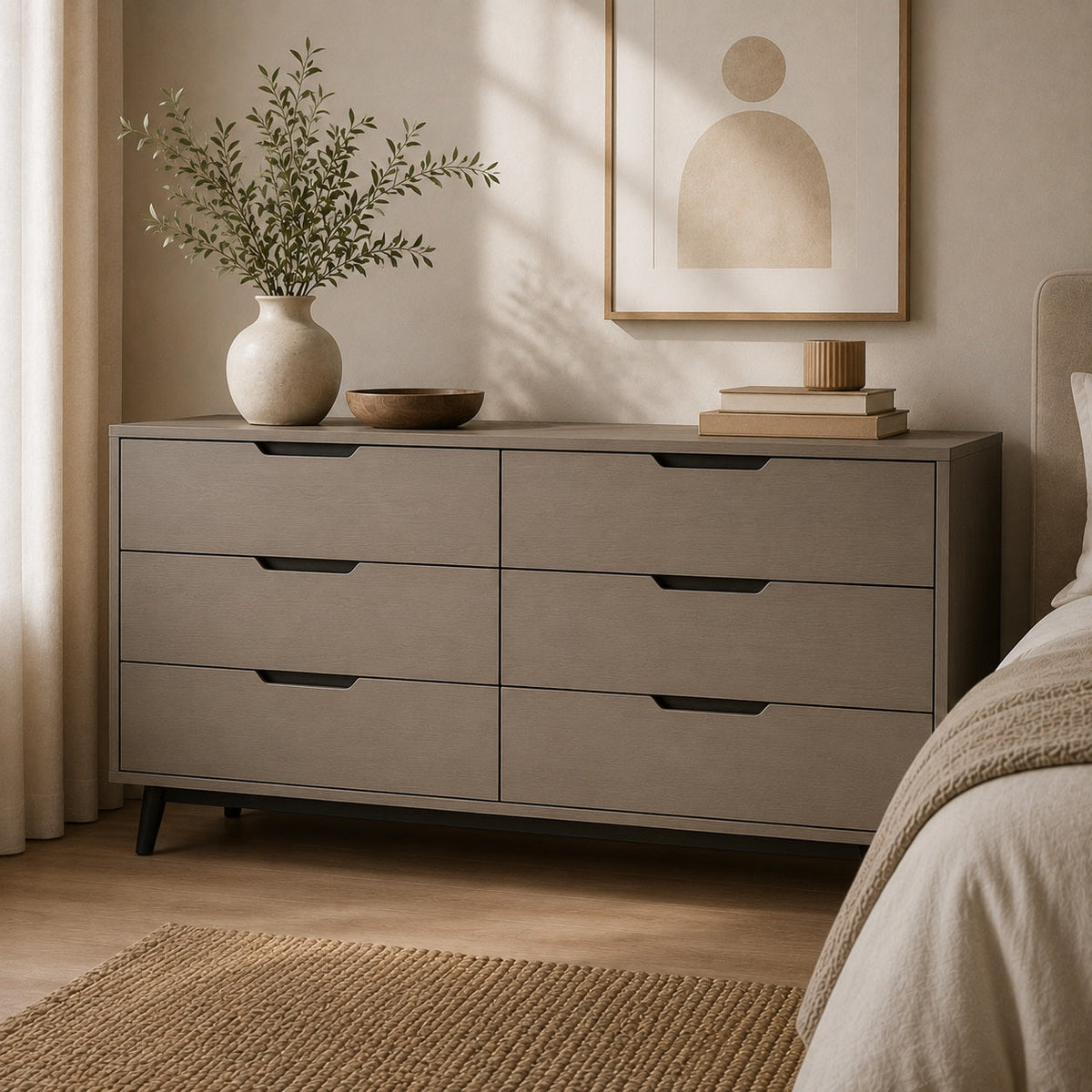 Commode 6 tiroirs grise au style moderne avec larges rangements, idéale pour une chambre élégante.