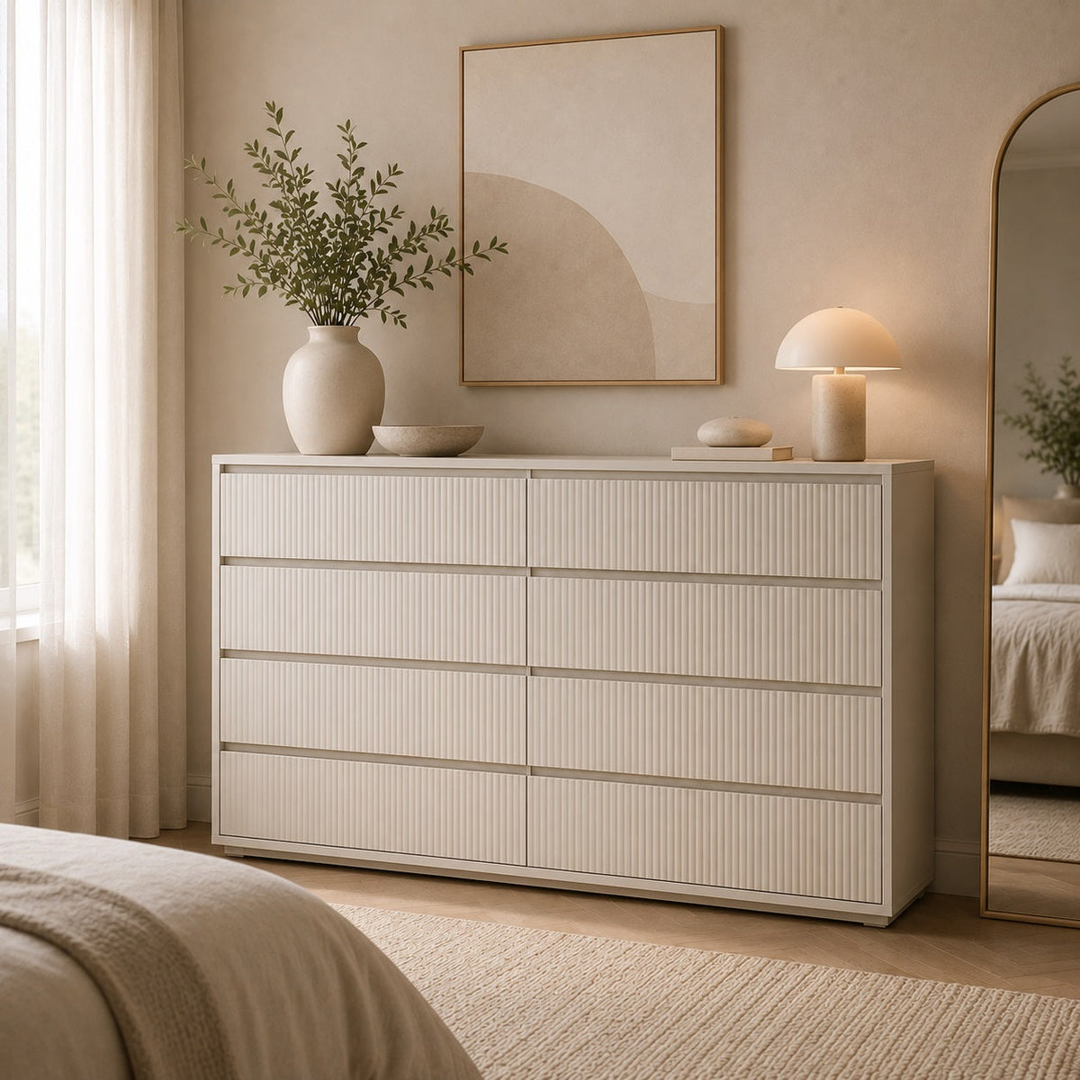 Commode 8 tiroirs blanche avec façade rainurée, alliant grande capacité de rangement et design contemporain.