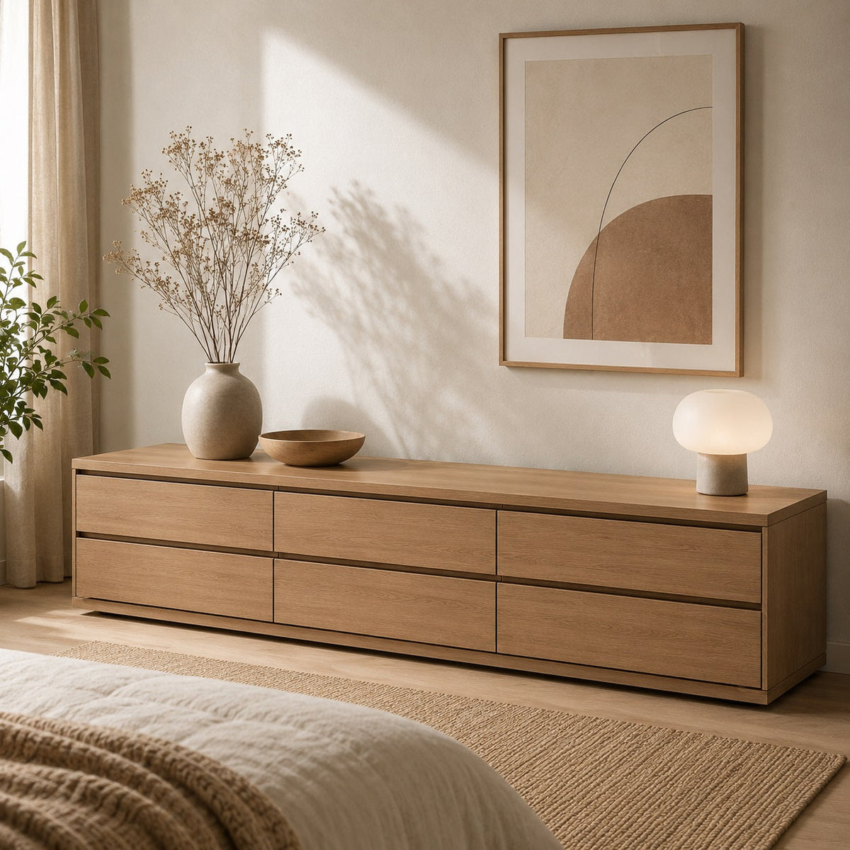 Commode basse extra large en bois clair à 8 tiroirs pour une chambre contemporaine et épurée.