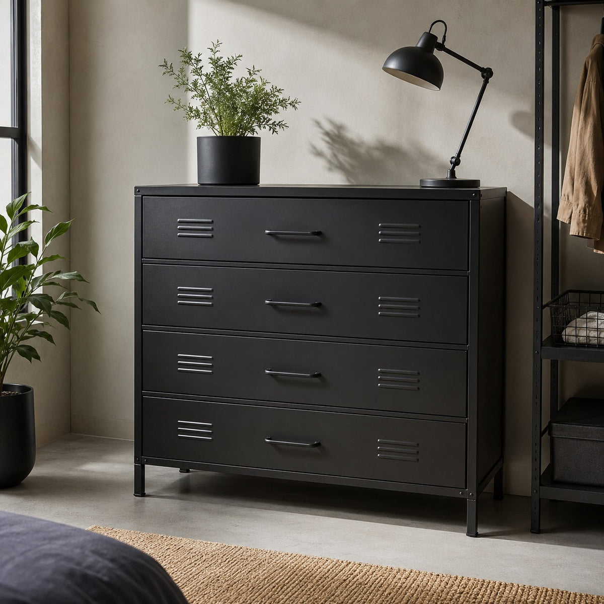 Commode en métal noir 4 tiroirs au style industriel, parfaite pour une chambre moderne avec grand rangement.