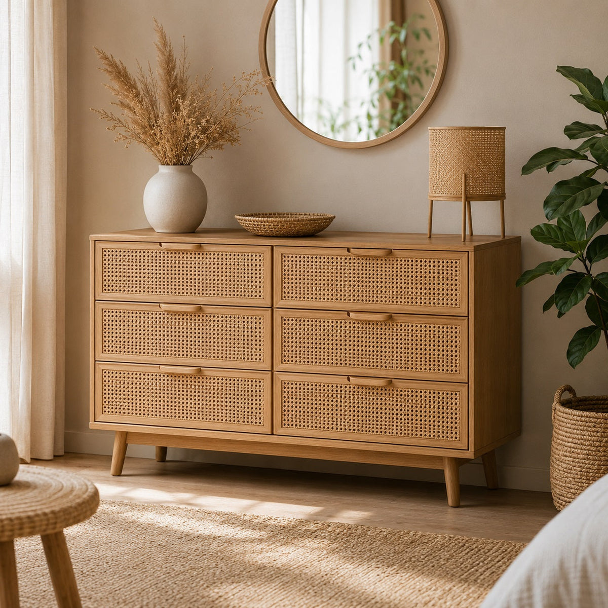 Commode en bois et cannage rotin 6 tiroirs, au style bohème chic, idéale pour une chambre chaleureuse.