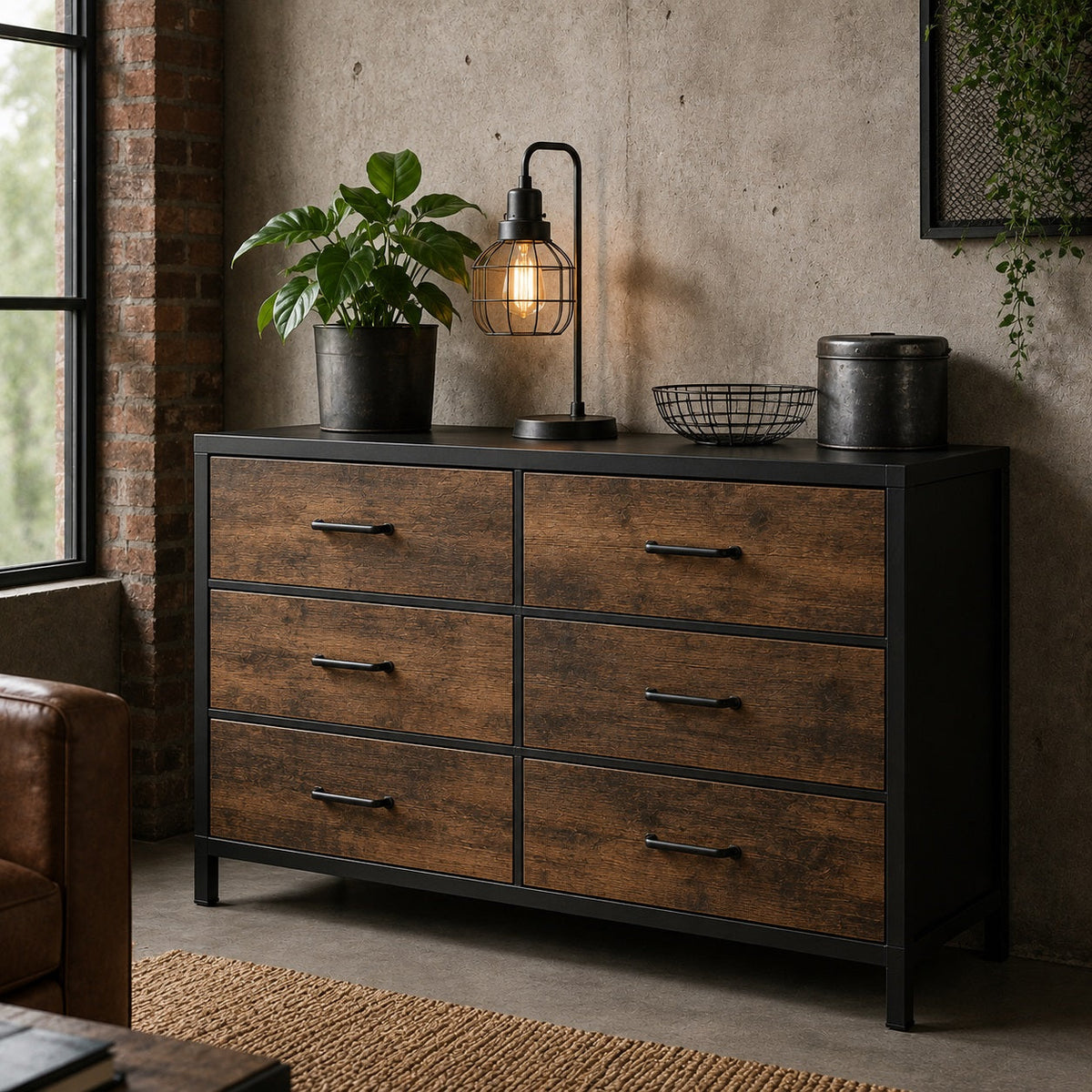 Commode industrielle 6 tiroirs en bois foncé et métal noir dans une chambre au style loft contemporain.