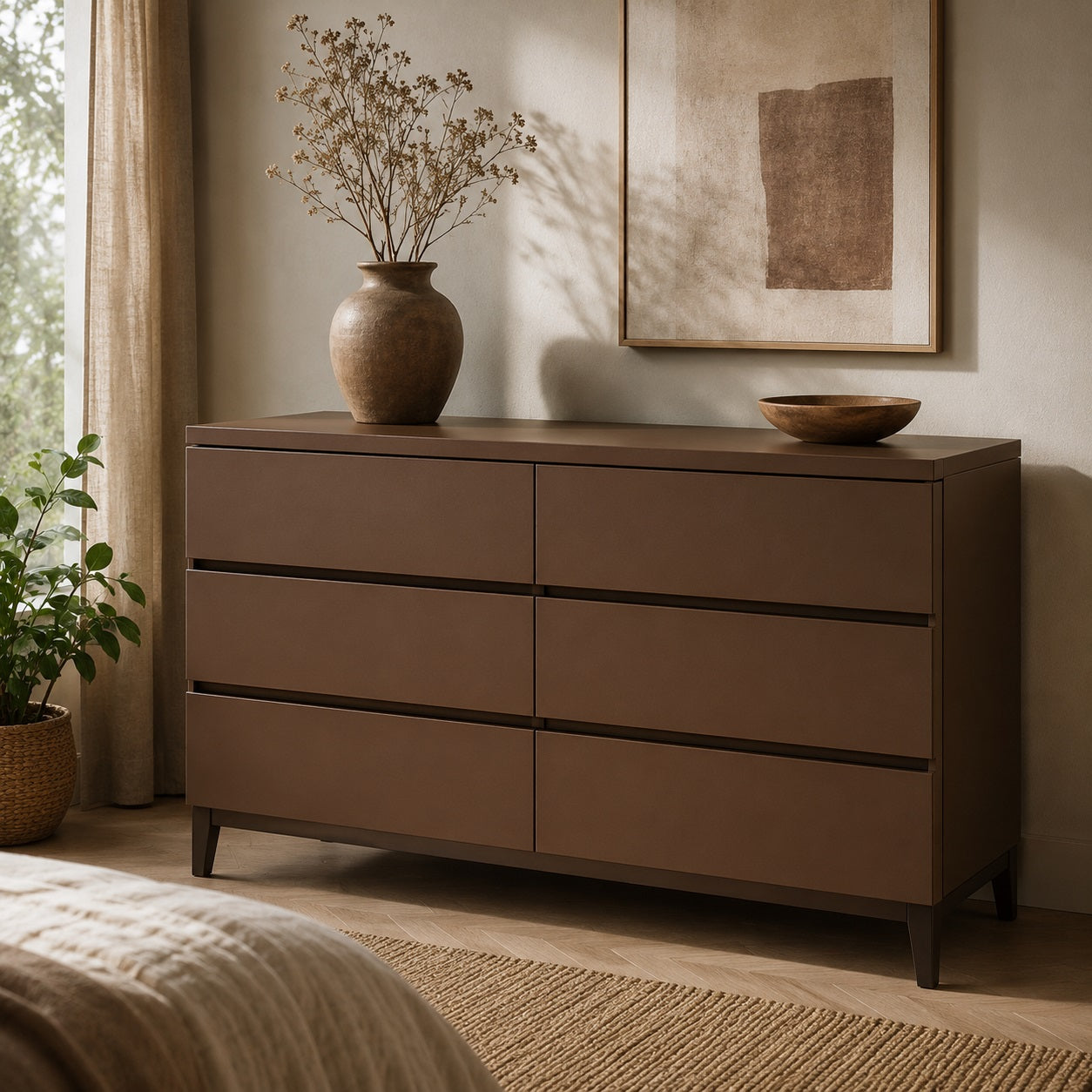 Commode marron 6 tiroirs au style moderne, idéale pour une chambre chaleureuse et bien organisée.