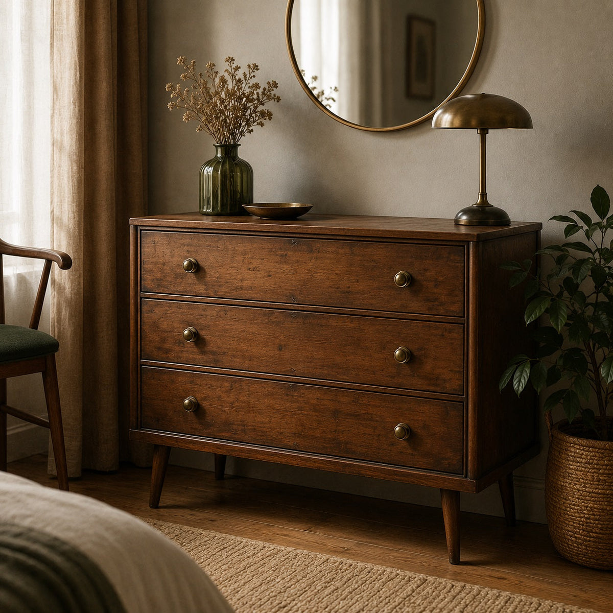 Commode vintage en bois foncé à 3 tiroirs avec poignées rondes en laiton dans une chambre cosy.