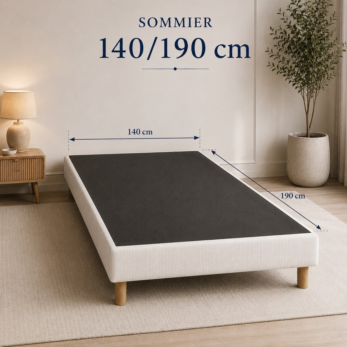 Schéma des dimensions d’un sommier 140 × 190 cm avec largeur et longueur indiquées pour choisir la bonne taille.