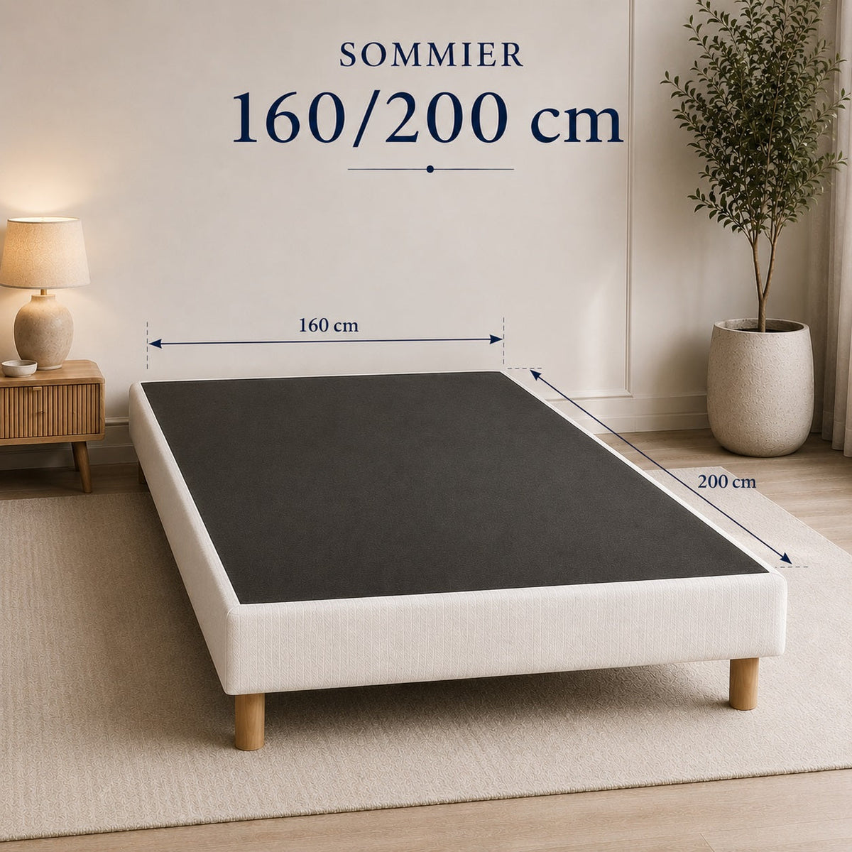 Schéma des dimensions d’un sommier 160 × 200 cm avec largeur et longueur indiquées pour choisir la bonne taille.