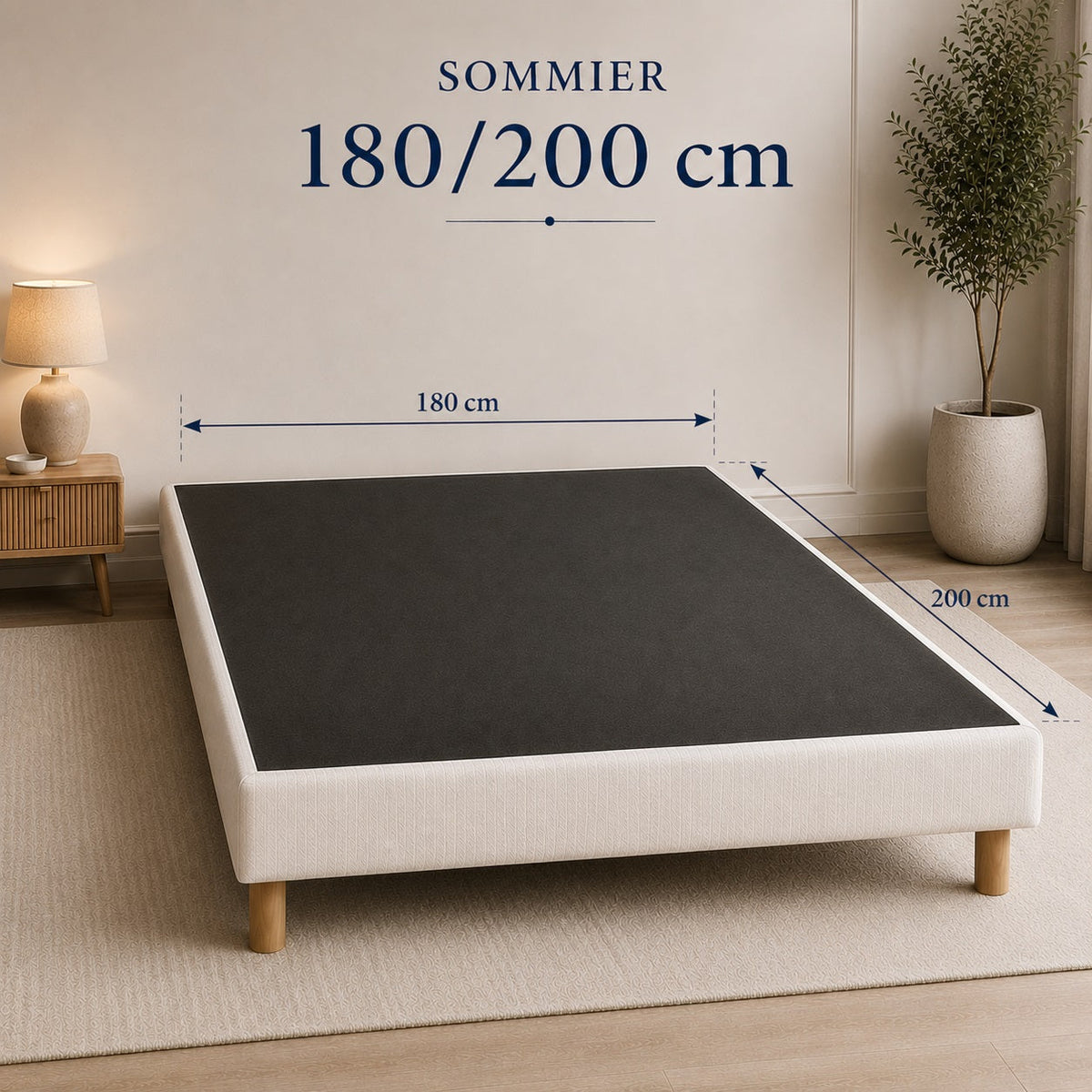 Schéma des dimensions d’un sommier 180 × 200 cm avec largeur et longueur indiquées pour choisir la bonne taille.