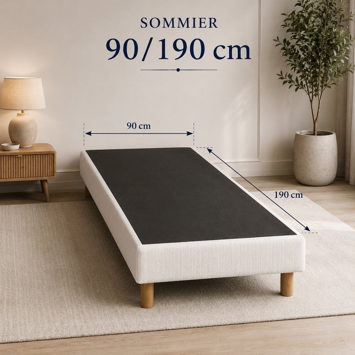 Schéma des dimensions d’un sommier 90 × 190 cm avec largeur et longueur indiquées pour choisir la bonne taille.