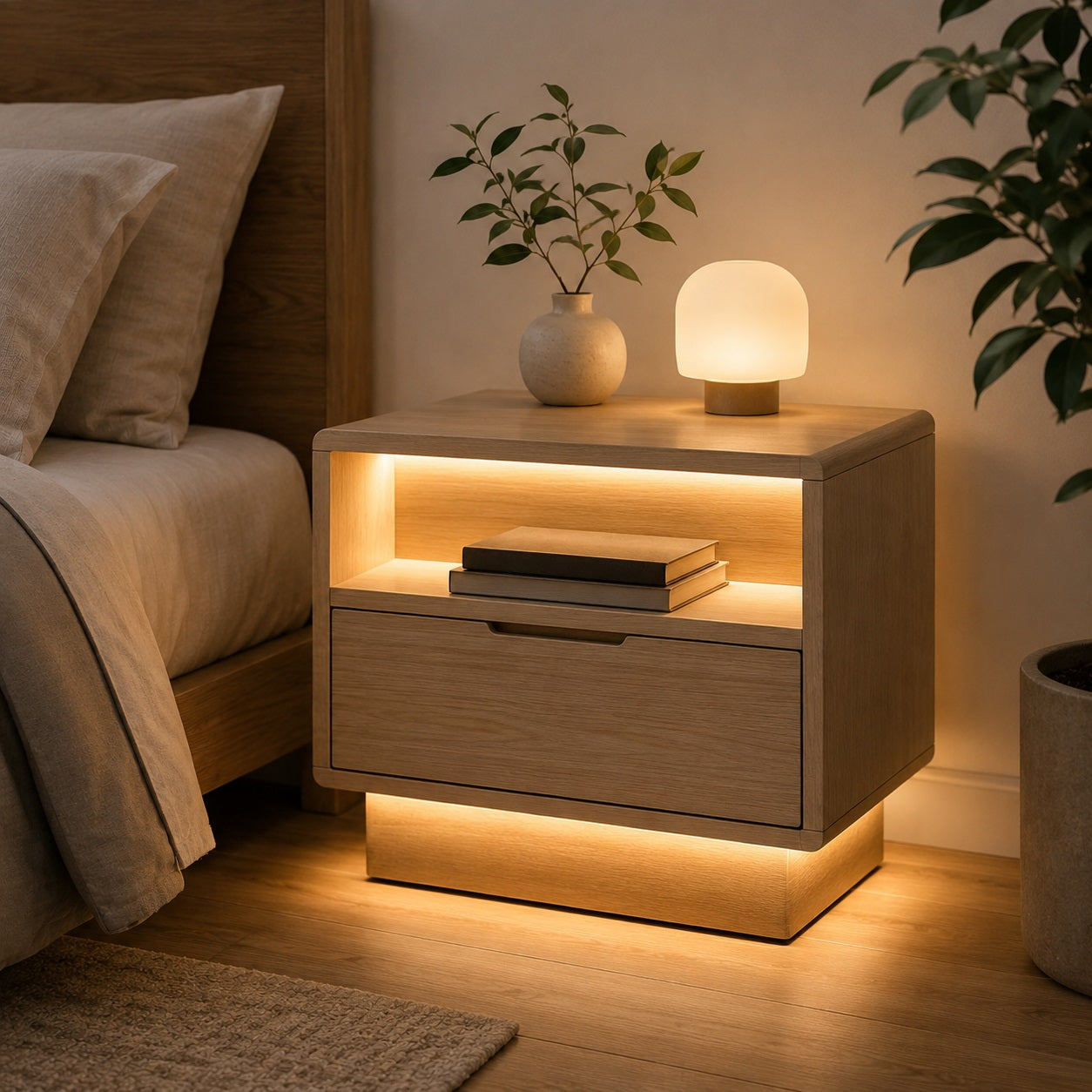 Table de chevet en bois avec éclairage LED intégré, niche ouverte et tiroir dans une chambre moderne.
