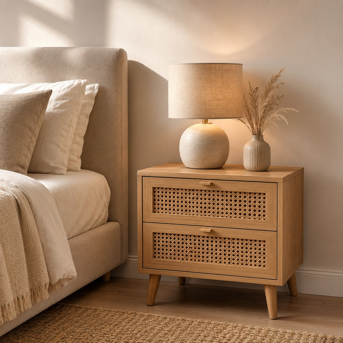 Table de chevet en bois clair avec façades en cannage, deux tiroirs, dans une chambre au style naturel.