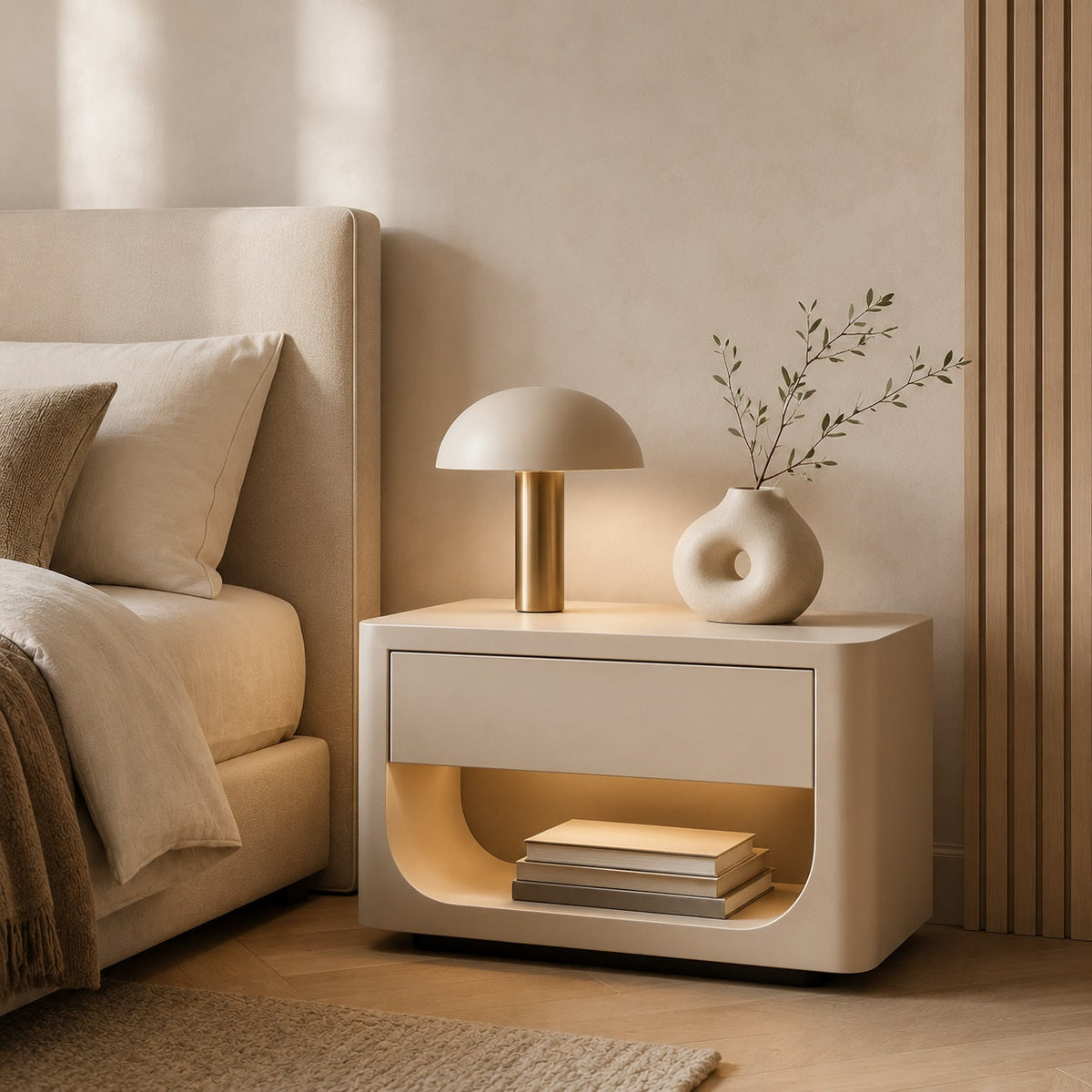 Table de chevet design blanche aux formes arrondies avec niche ouverte dans une chambre élégante.