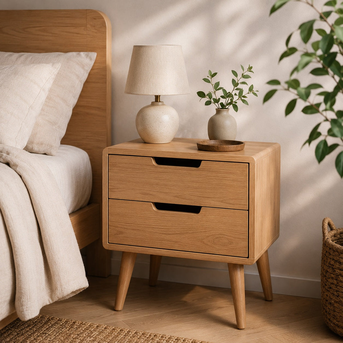 Table de chevet en bois clair avec deux tiroirs et pieds compas dans une chambre scandinave lumineuse.