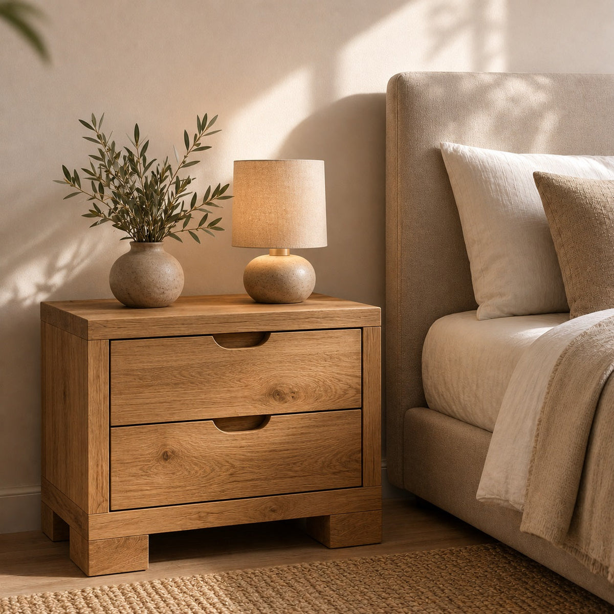 Table de chevet en bois massif avec deux tiroirs dans une chambre chaleureuse au style naturel.