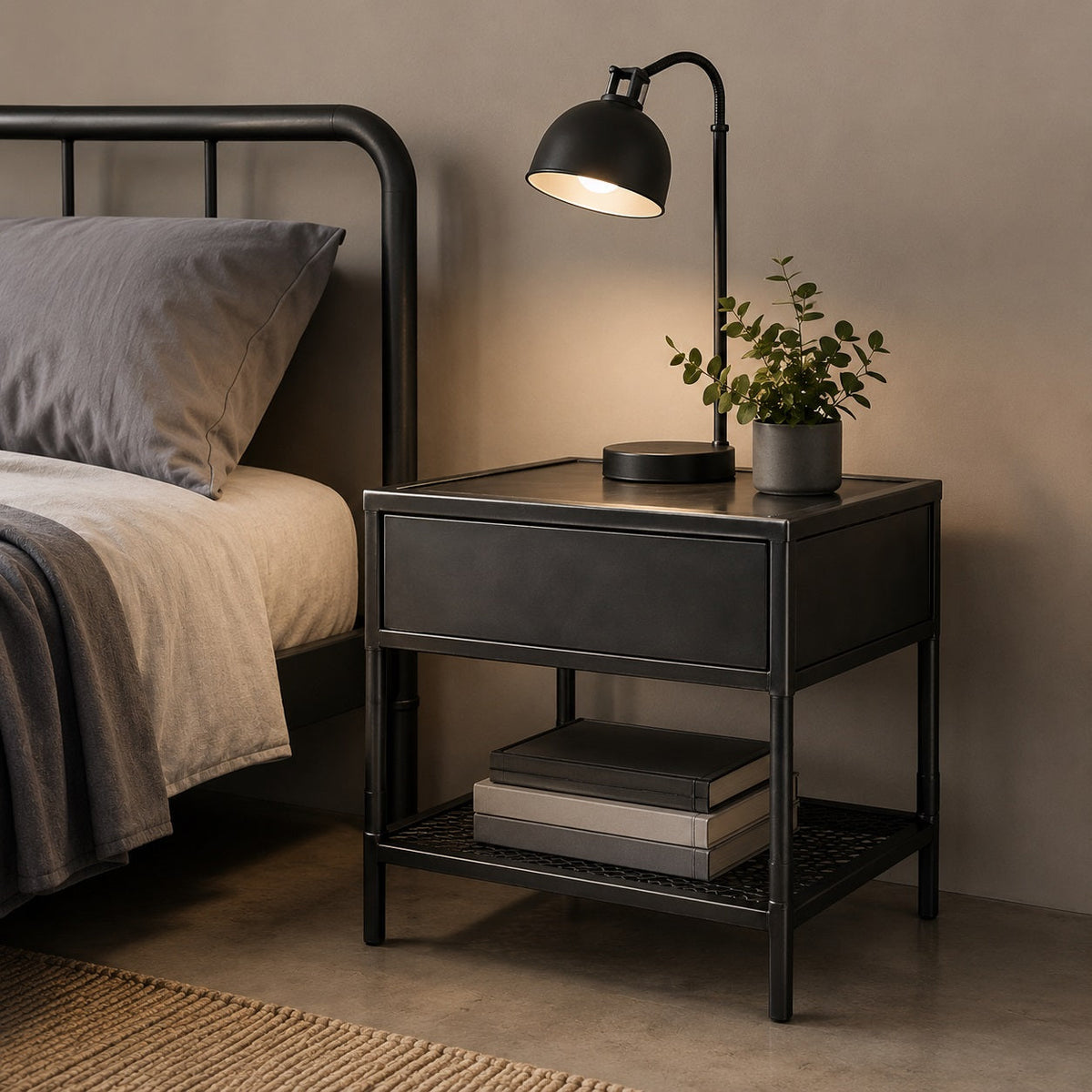 Table de chevet en métal noir avec tiroir et étagère dans une chambre au style industriel moderne.