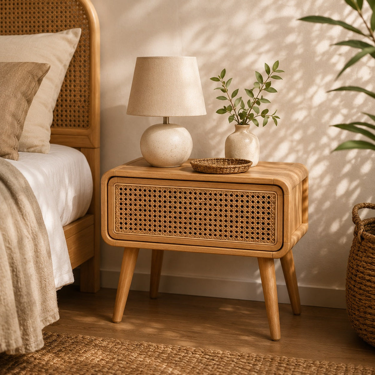 Table de chevet en bois avec façade en cannage et tiroir dans une chambre au style bohème naturel.