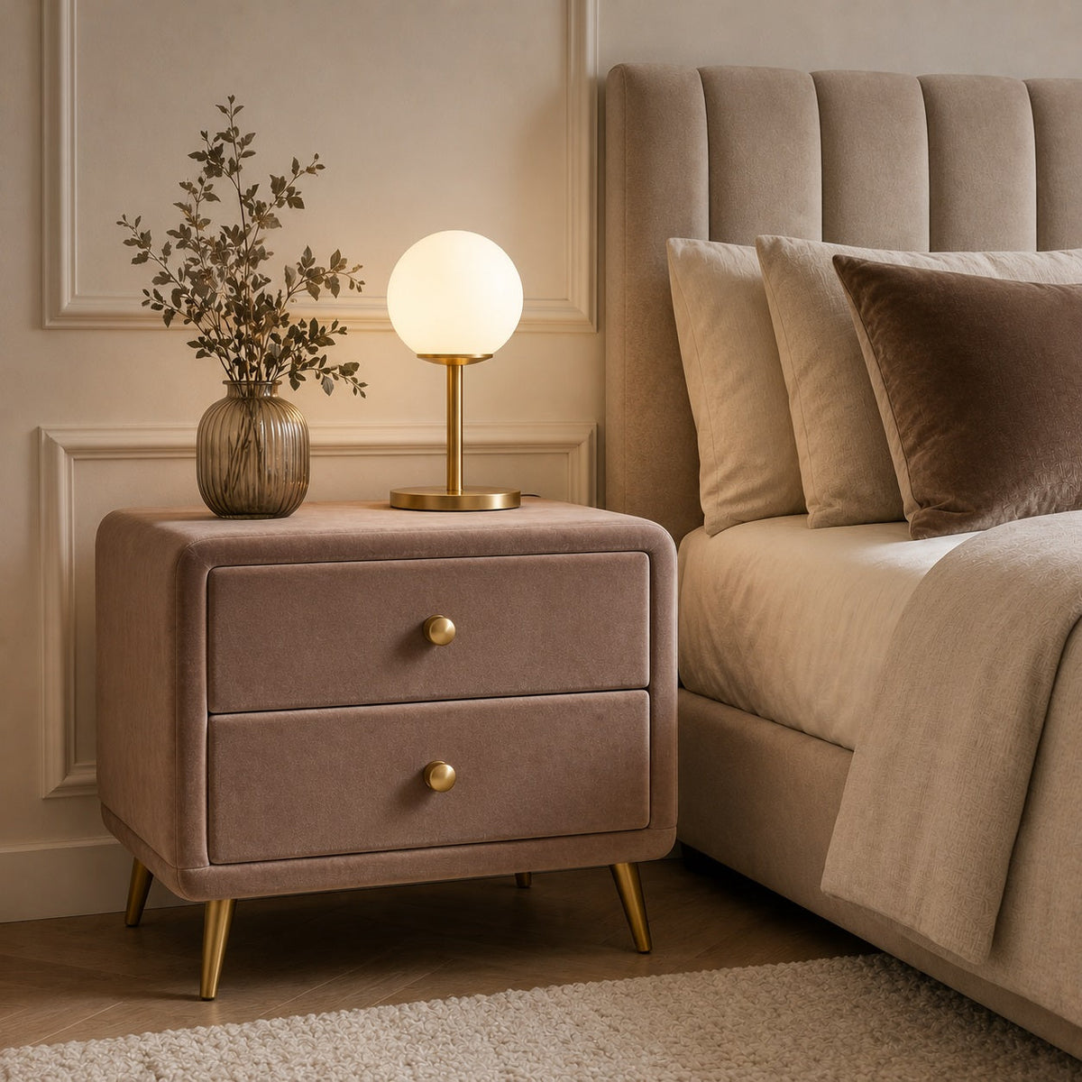 Table de chevet en velours beige avec deux tiroirs et pieds dorés dans une chambre élégante.