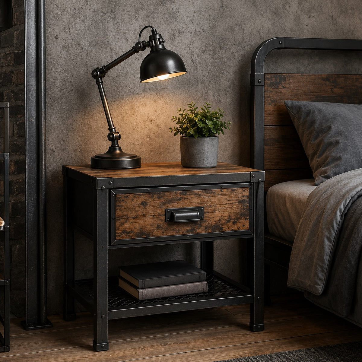 Table de chevet industrielle en bois et métal noir avec tiroir et étagère dans une chambre style loft.