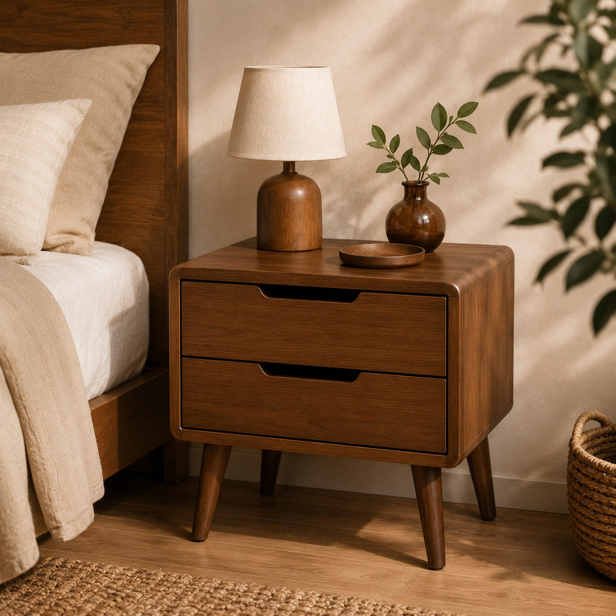 Table de chevet marron avec deux tiroirs dans une chambre chaleureuse au style vintage.