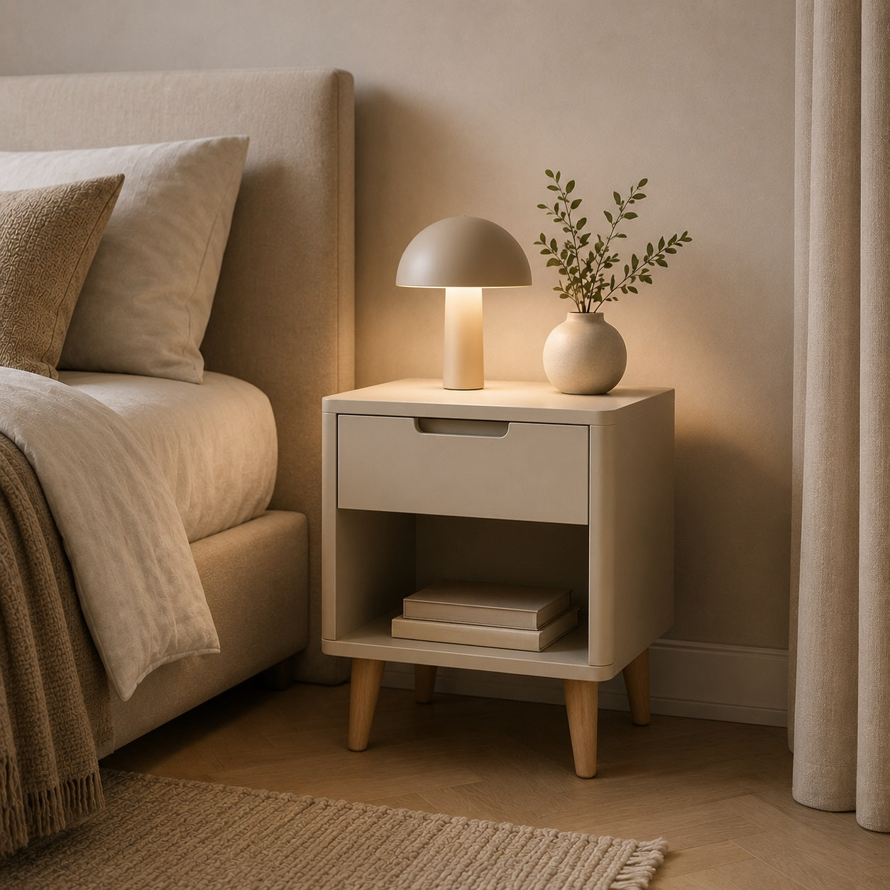 Table de chevet blanche avec tiroir et niche ouverte offrant un rangement pratique en chambre.