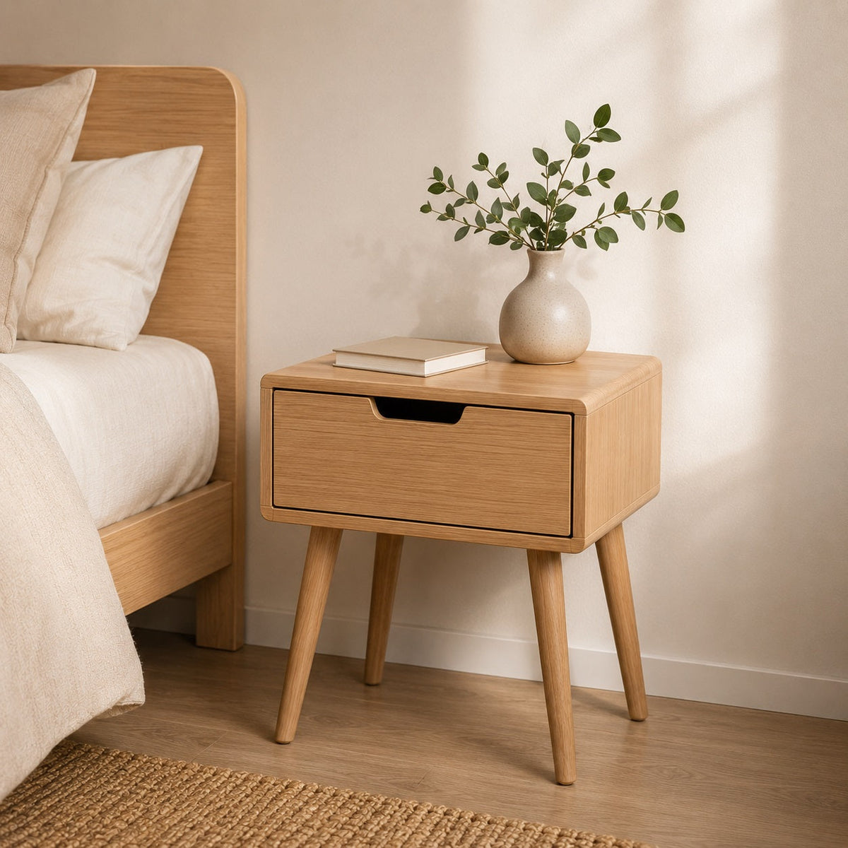 Table de chevet scandinave en bois clair avec tiroir et pieds compas dans une chambre lumineuse.