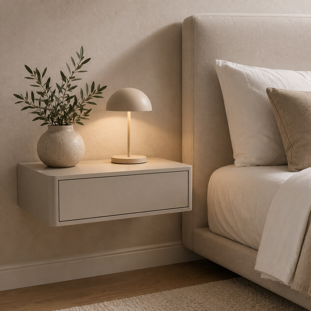Table de chevet blanche avec tiroir et niche ouverte offrant un rangement pratique en chambre.