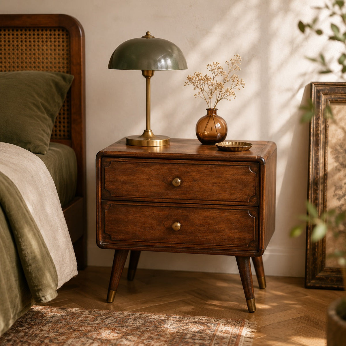 Table de chevet vintage en bois foncé avec deux tiroirs dans une chambre chaleureuse et élégante.