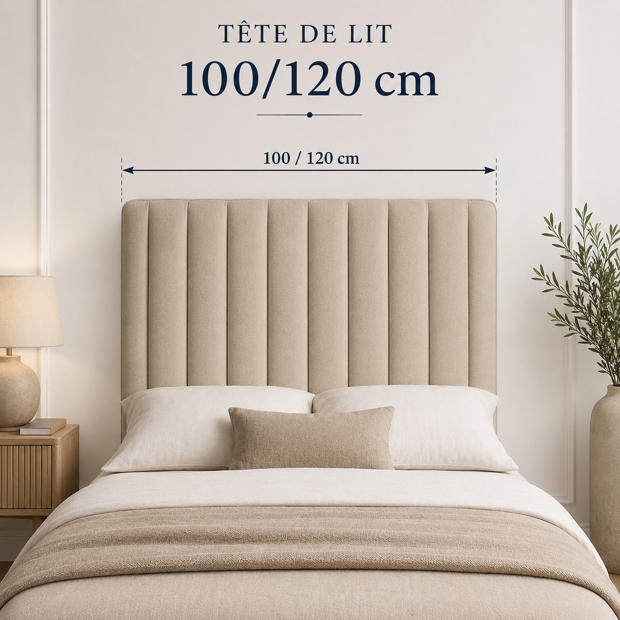 Tête de lit 100 à 120 cm avec schéma des dimensions pour lit une place ou petit lit double.