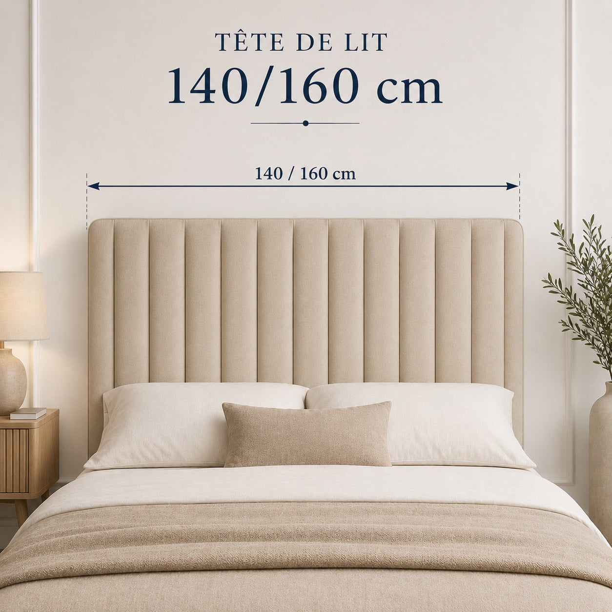 Tête de lit 140 à 160 cm avec schéma des dimensions pour lit double et queen size.