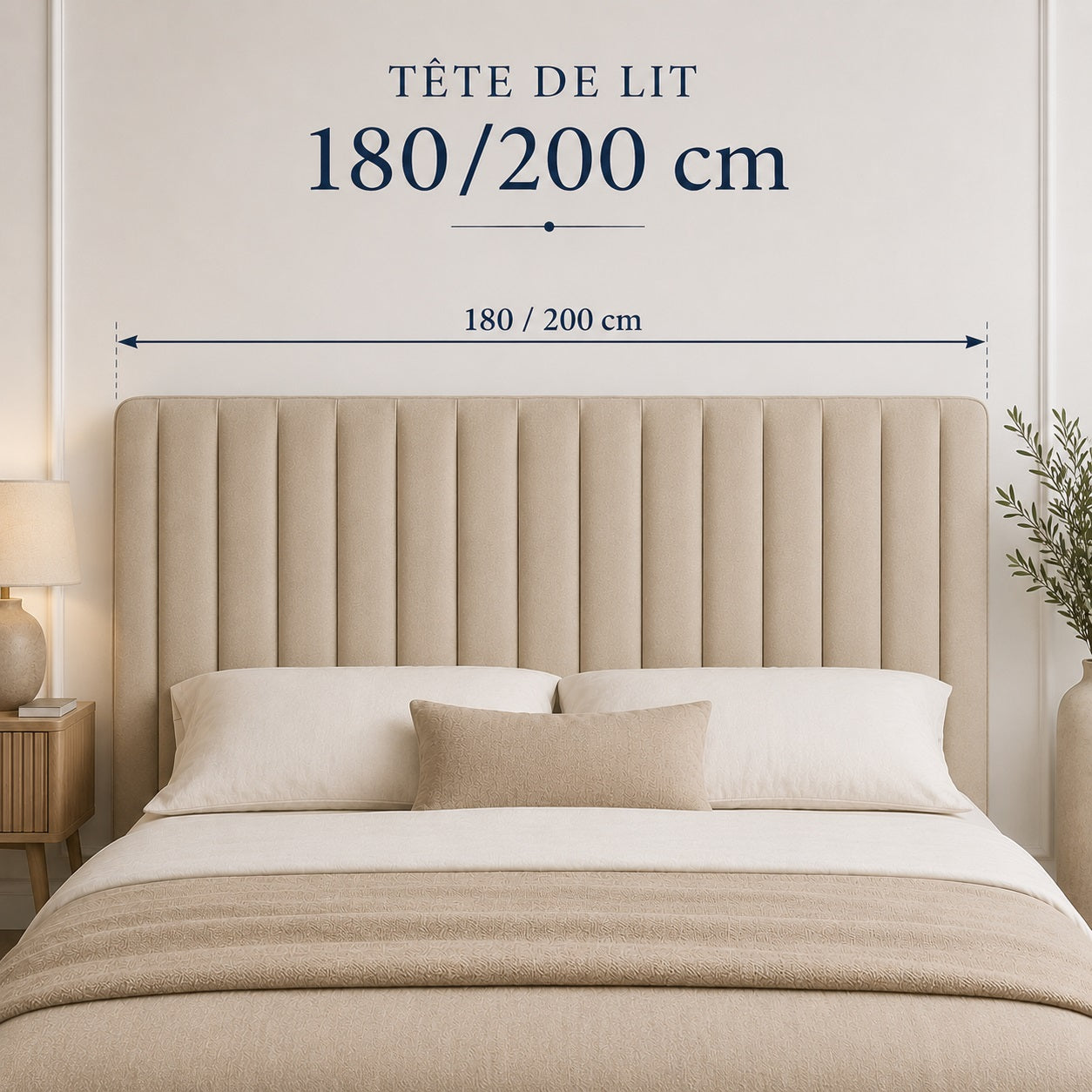 Tête de lit 180 à 200 cm avec schéma des dimensions pour lit king size et très grand lit.