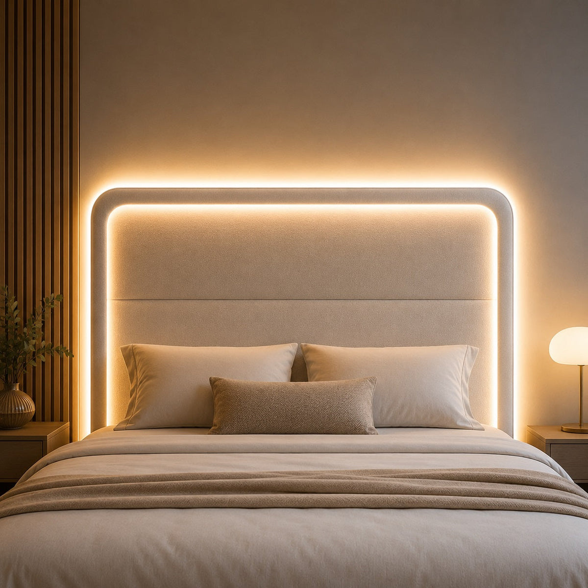 Tête de lit avec éclairage LED intégré créant une ambiance chaleureuse dans une chambre contemporaine.