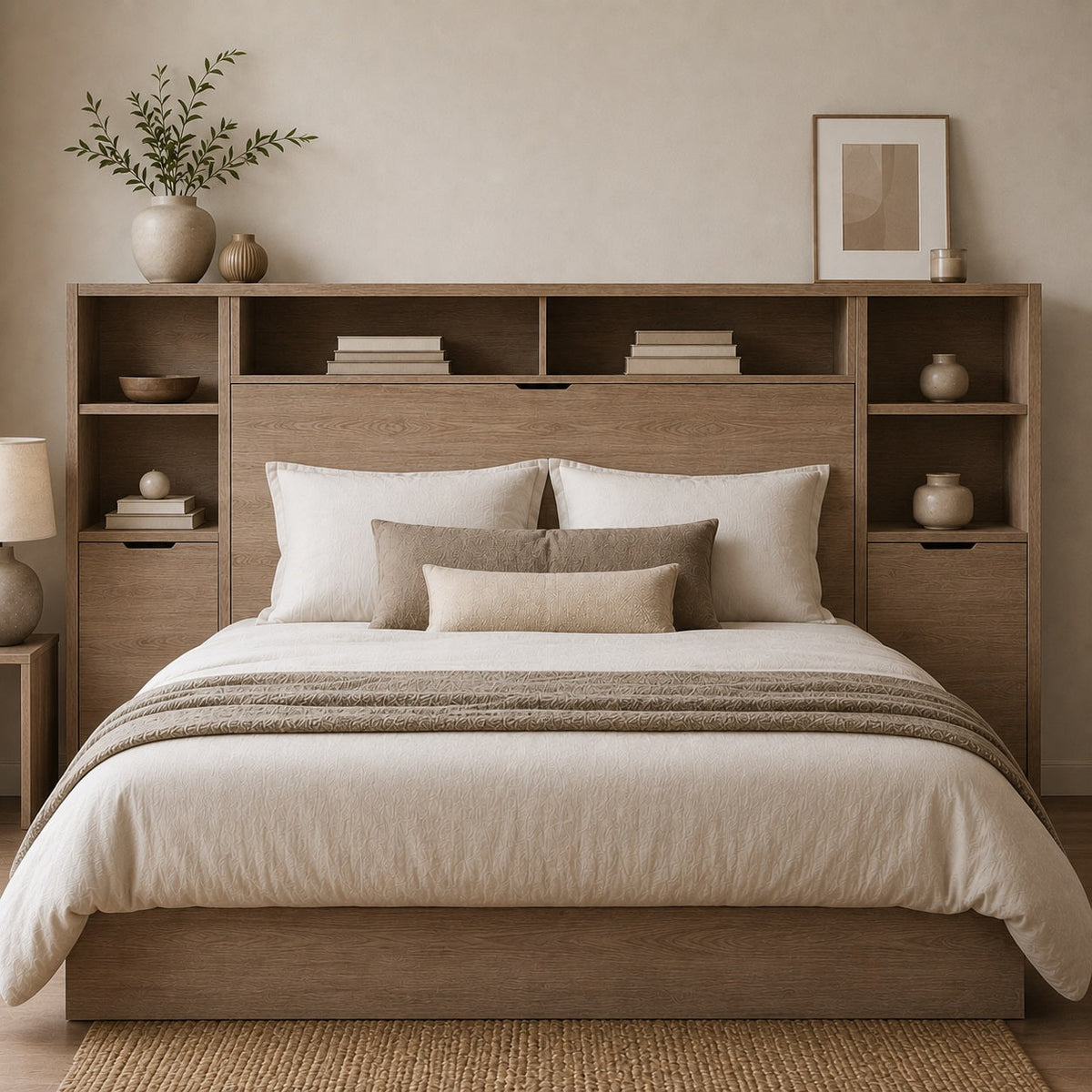 Tête de lit avec rangements intégrés et étagères en bois dans une chambre moderne et fonctionnelle.