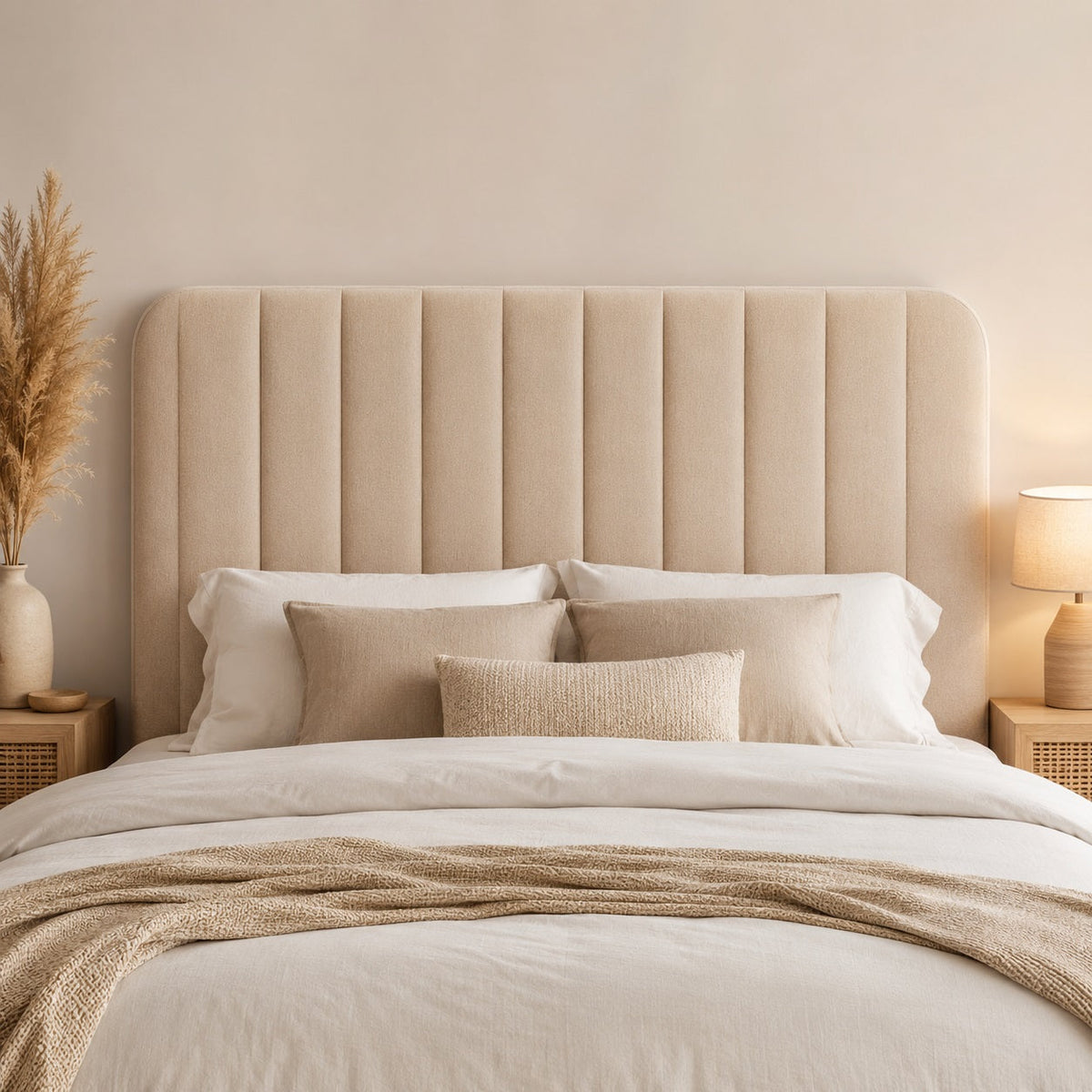 Tête de lit beige rembourrée à panneaux verticaux dans une chambre moderne aux tons naturels.