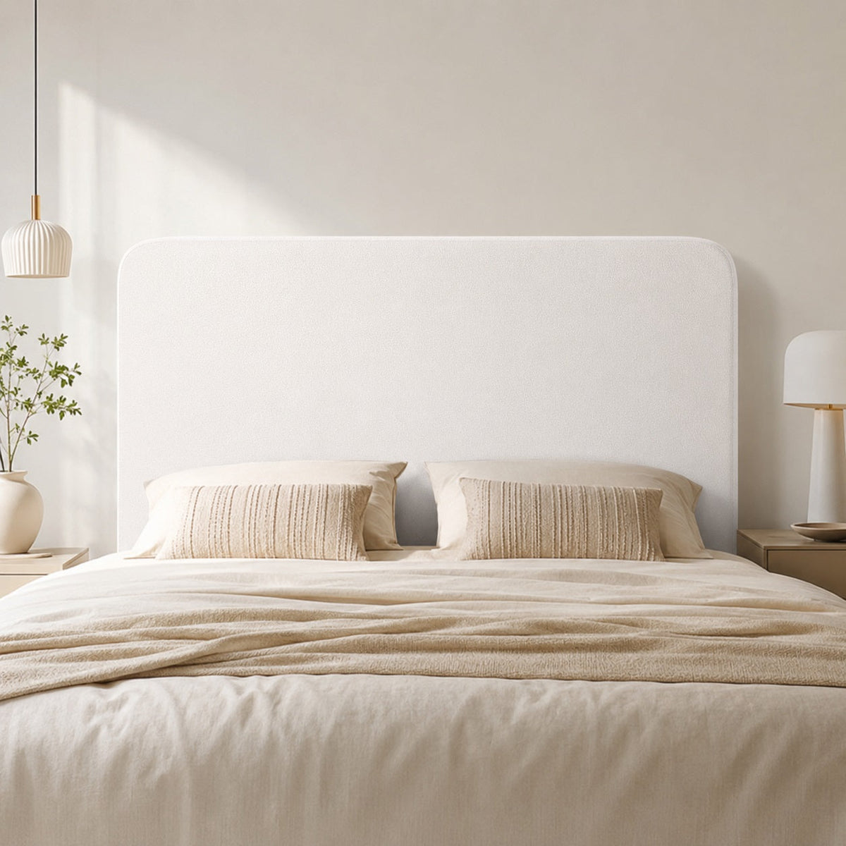 Tête de lit blanche rembourrée au design épuré dans une chambre lumineuse et contemporaine.