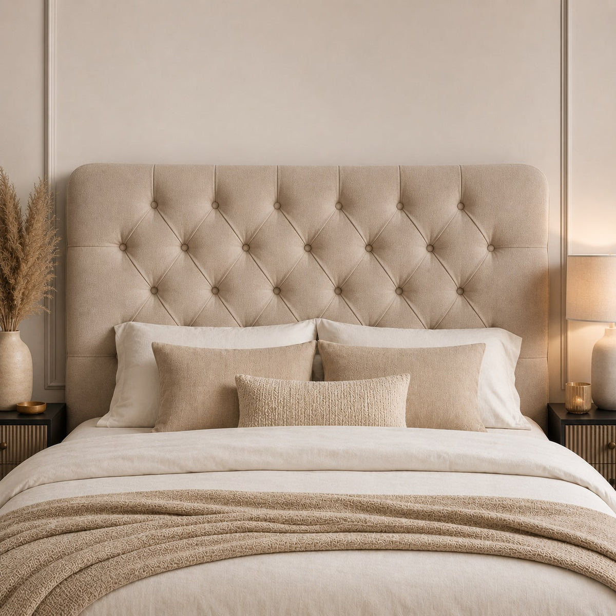 Tête de lit capitonnée en tissu beige avec boutons, style classique chic, dans une chambre élégante et lumineuse.