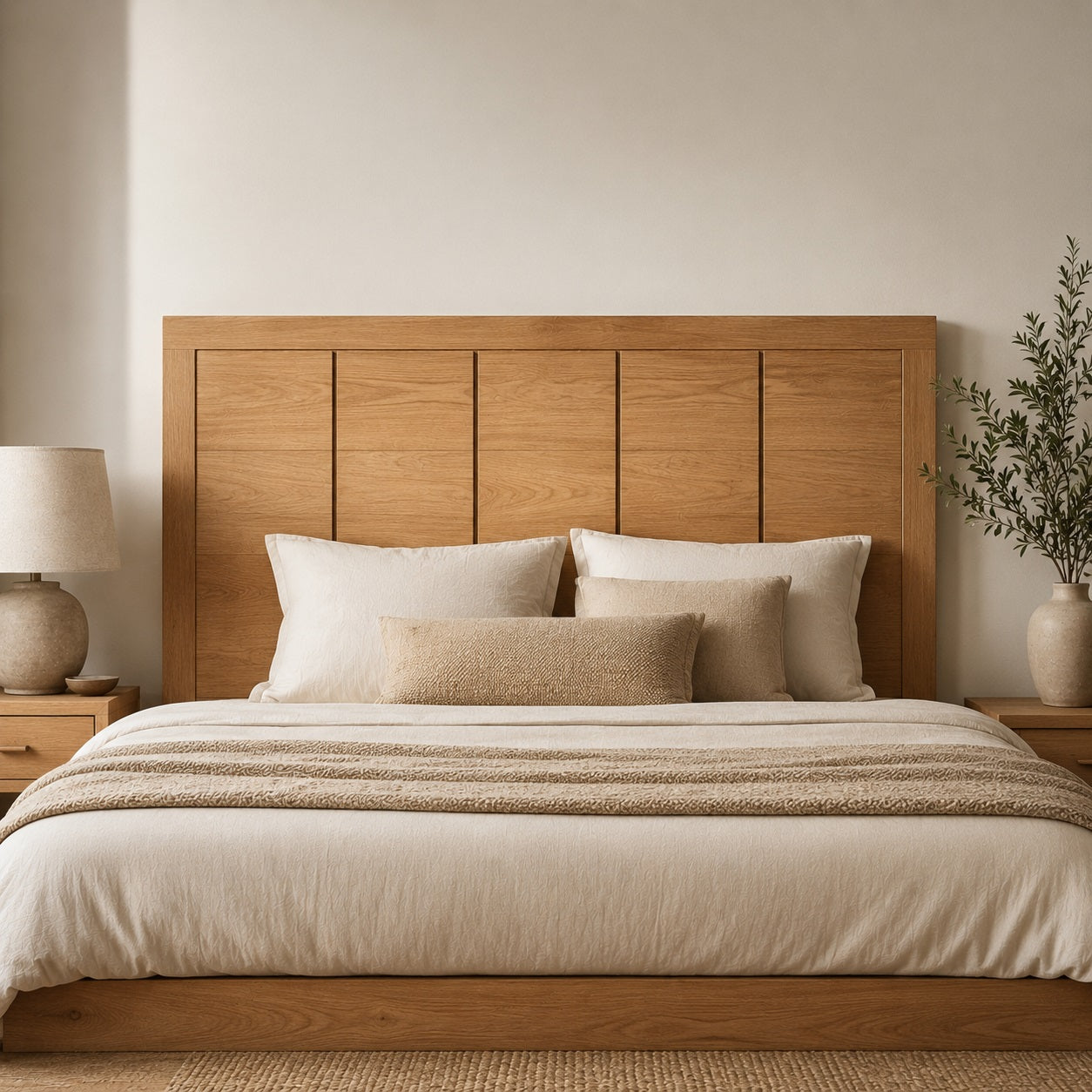 Tête de lit en bois avec panneaux verticaux dans une chambre moderne aux tons naturels et chaleureux.
