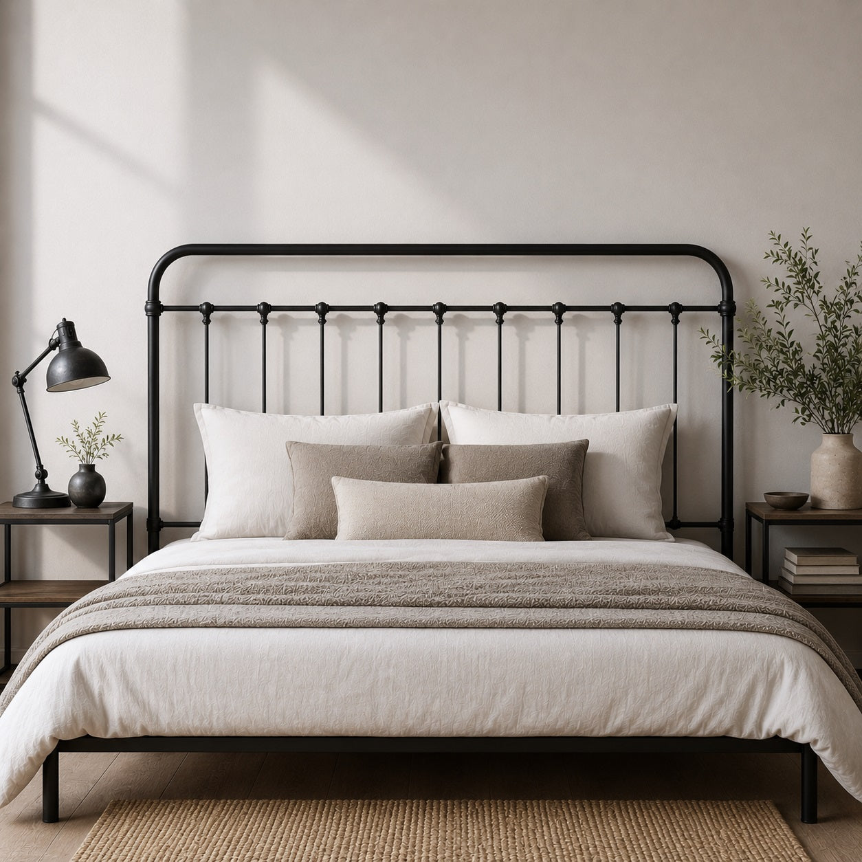 Tête de lit en métal noir au style industriel dans une chambre élégante et contemporaine.