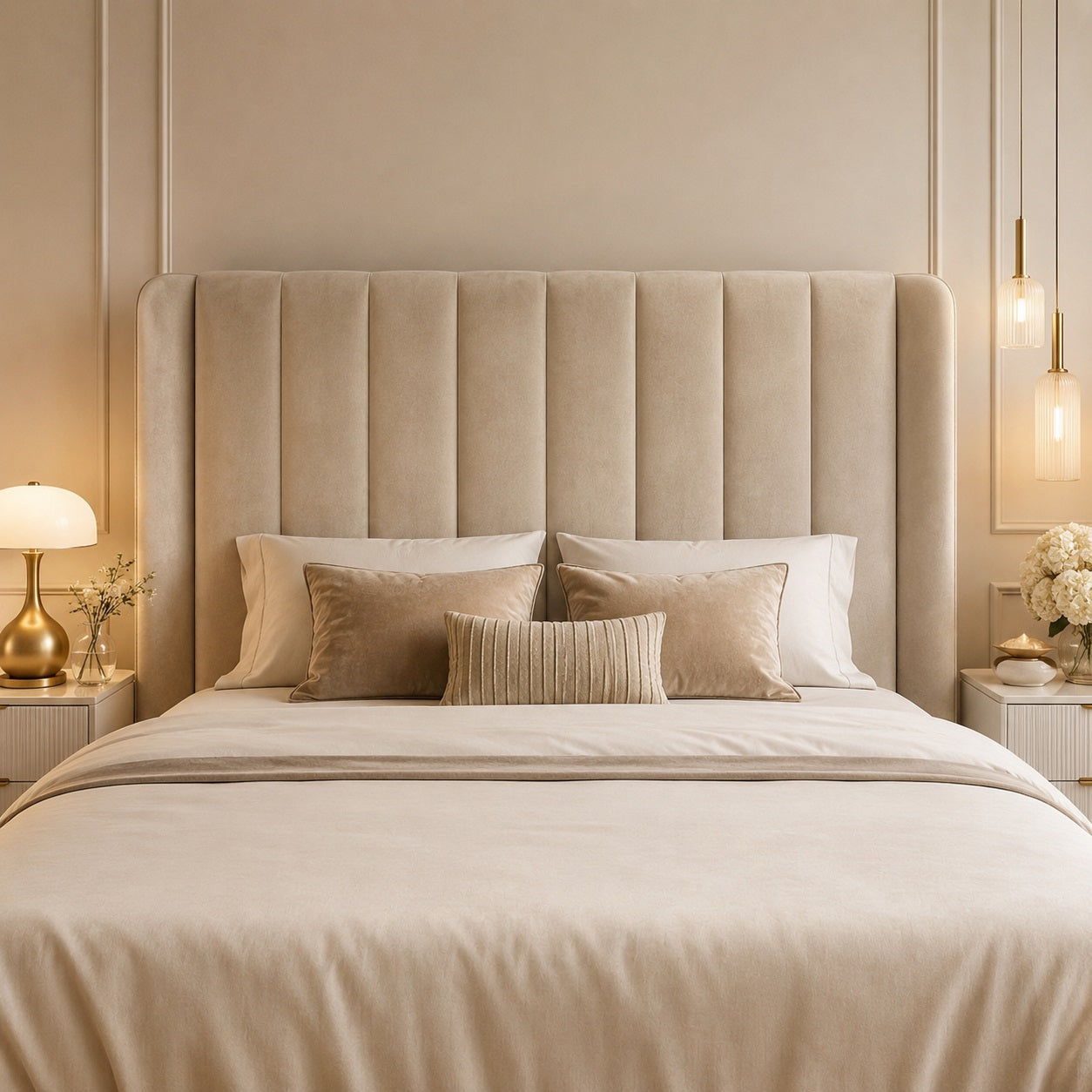 Tête de lit en velours beige rembourrée dans une chambre élégante avec décoration aux tons chaleureux.