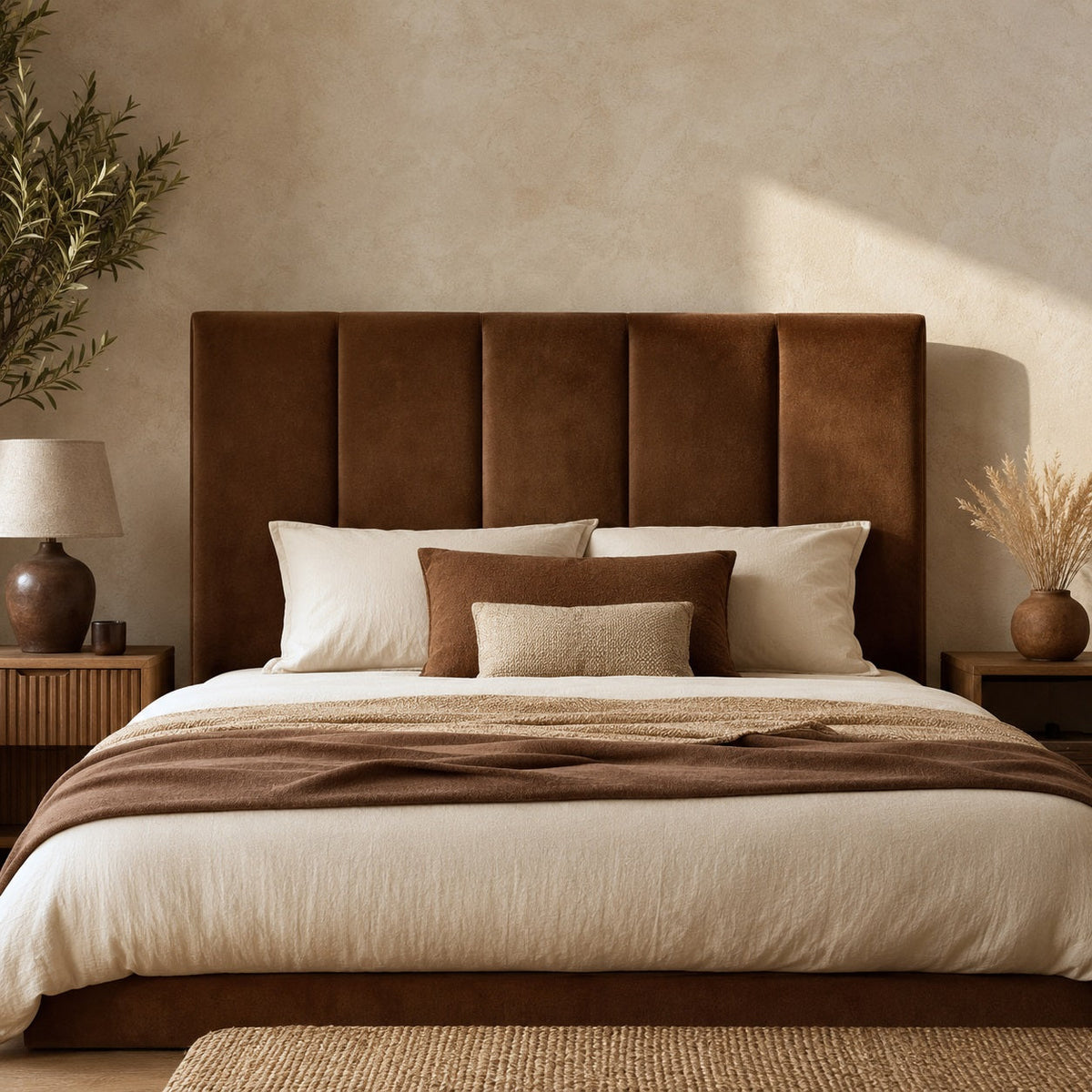 Tête de lit marron rembourrée avec panneaux verticaux dans une chambre chaleureuse et raffinée.