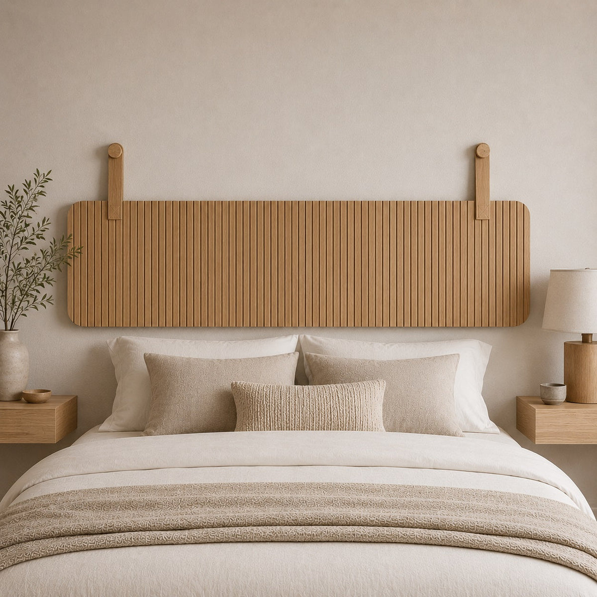 Tête de lit suspendue en bois à lames verticales dans une chambre moderne au design minimaliste.