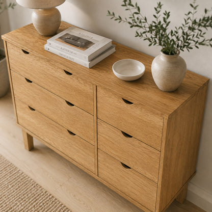 Détail de la commode en bois 6 tiroirs avec finition effet chêne et plateau spacieux.