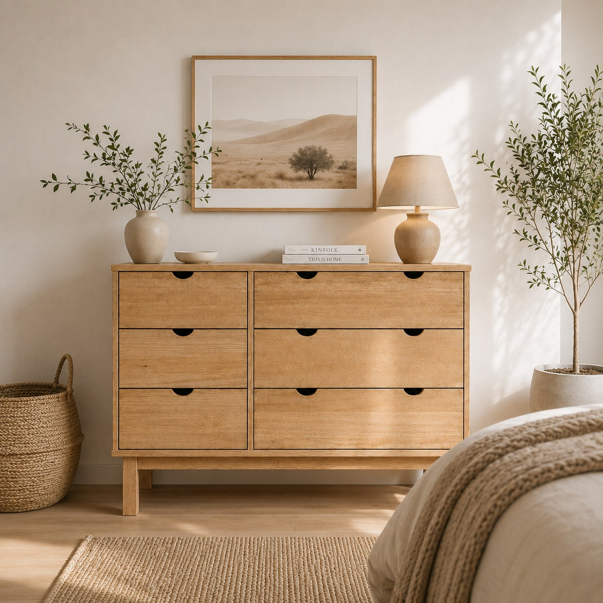Commode en bois 6 tiroirs au style scandinave, parfaite pour une chambre chaleureuse.