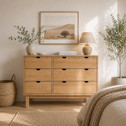 Commode en bois 6 tiroirs au style scandinave, parfaite pour une chambre chaleureuse.