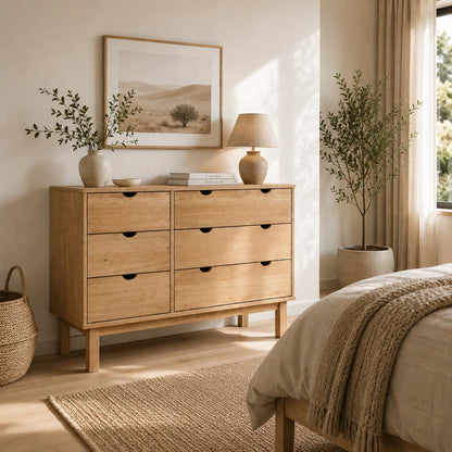 Commode en bois 6 tiroirs dans une chambre moderne, idéale pour un rangement élégant et pratique.