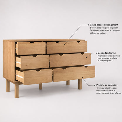 Commode en bois 6 tiroirs avec glissières fluides et grands espaces de rangement pratiques.