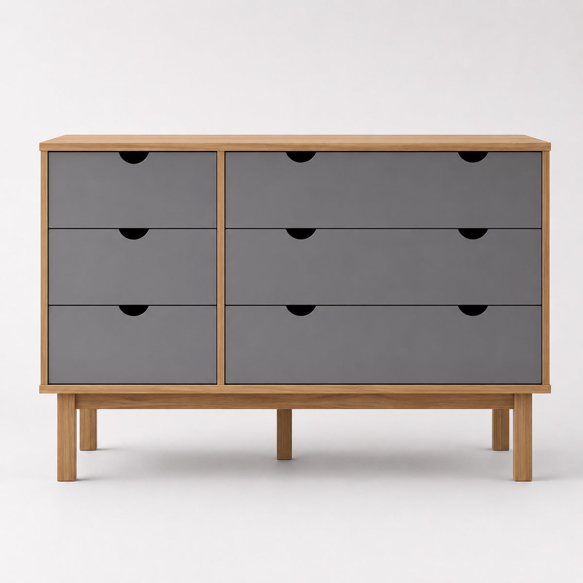 Commode en bois 6 tiroirs avec façades grises, design moderne et grand espace de rangement.