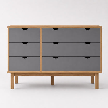 Commode en bois 6 tiroirs avec façades grises, design moderne et grand espace de rangement.