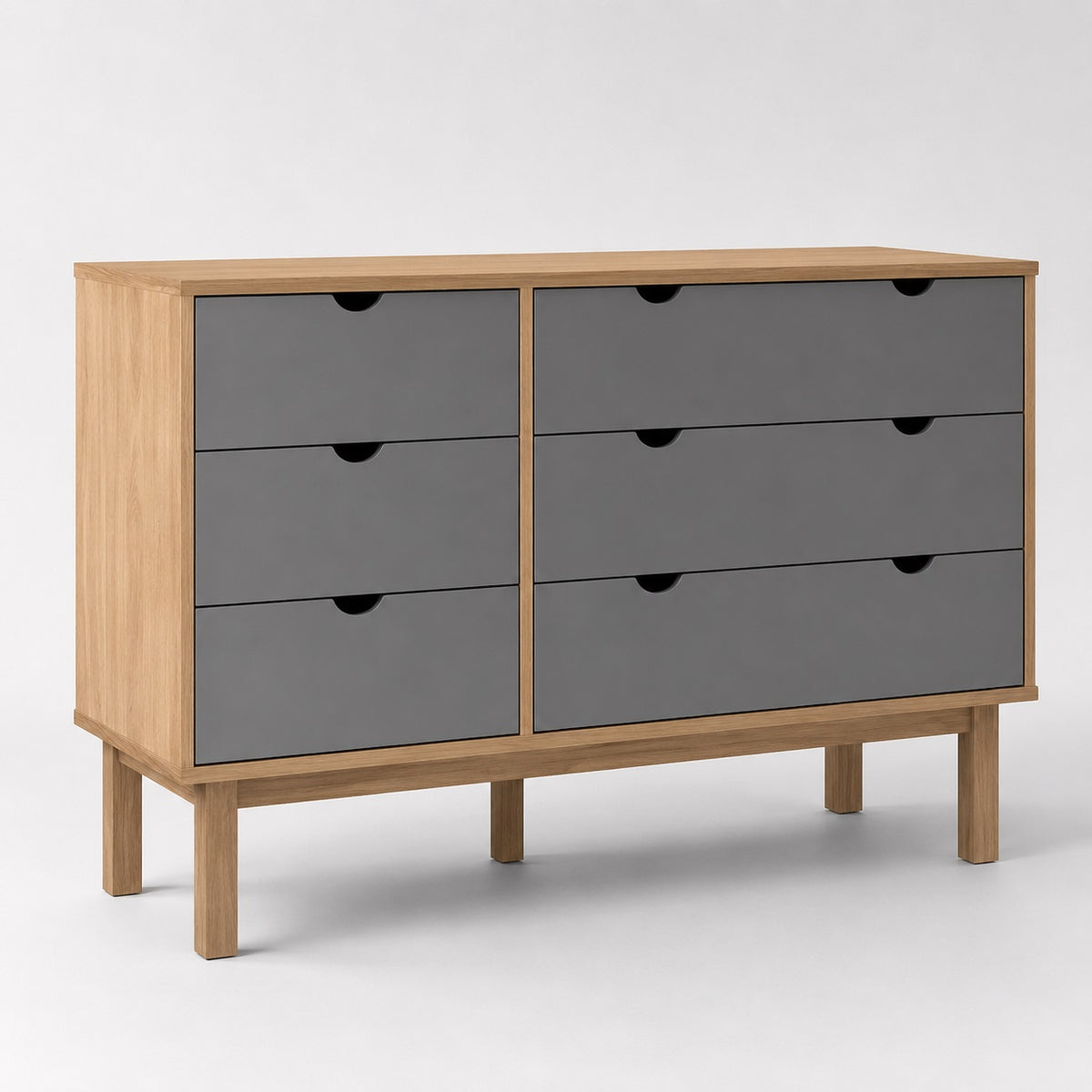 Commode en bois 6 tiroirs avec façades grises, style moderne et rangement fonctionnel.