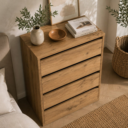 Commode en bois 4 tiroirs vue de dessus, finition chêne artisanal et design contemporain.